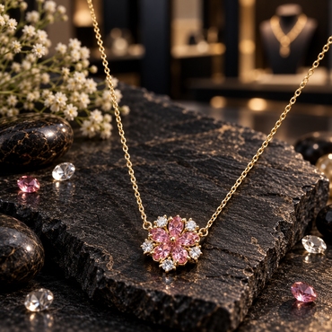 Gold-tone link chain necklace with a five-petal pink flower centre, round clear accents between the petals and a small bead-like centre detail.