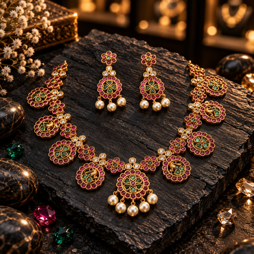 Gold-tone necklace and matching earrings with pink-red floral borders, green centres, clear accents, round hanging medallions and white pearl-look drops.