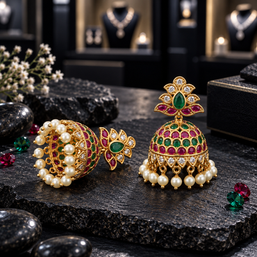 Pair of gold-tone jhumka earrings with pink-green dome accents, green teardrop floral tops, clear decorative details and cream pearl-look fringe on dark slate.
