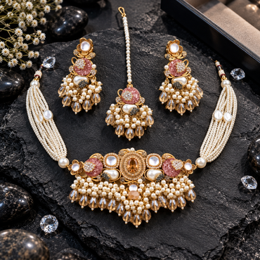 Gold-tone necklace, earrings and bindia set with pink accents, white pearl-look bead strands, an oval champagne-coloured centre and dangling teardrop fringes.
