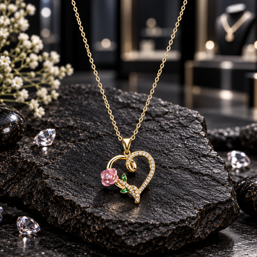 Gold-tone oval-link chain necklace with an open heart pendant, raised pink rose, two green leaf details and clear-looking accents.