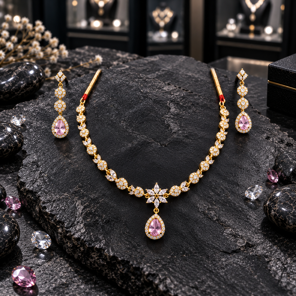 Gold-tone necklace with rounded floral clusters, leaf-shaped links and a pink teardrop beneath a flower centre, with matching floral drop earrings.