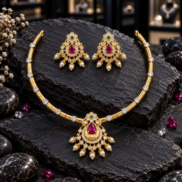 Gold-tone segmented necklace and matching earrings with pink teardrop centres, small green details, clear accent borders and cream pearl-look hanging drops on dark slate.