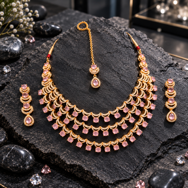 Gold-tone three-tier crescent-link necklace with rounded pink fringe, matching stacked pink-centre teardrop earrings and a chain bindia.