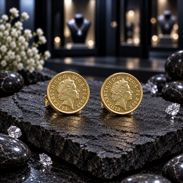 Pair of round gold-tone coin earrings with raised side-profile portraits, decorative lettering and detailed borders, displayed on dark stone.