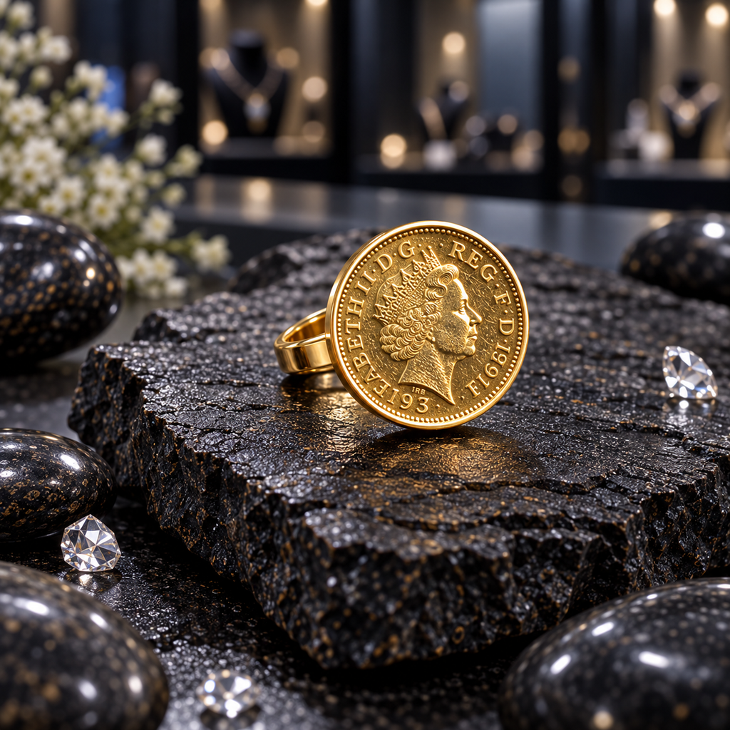 Gold-tone ring with a round coin-style face featuring a crowned portrait, decorative lettering and dotted border on a dark stone display.