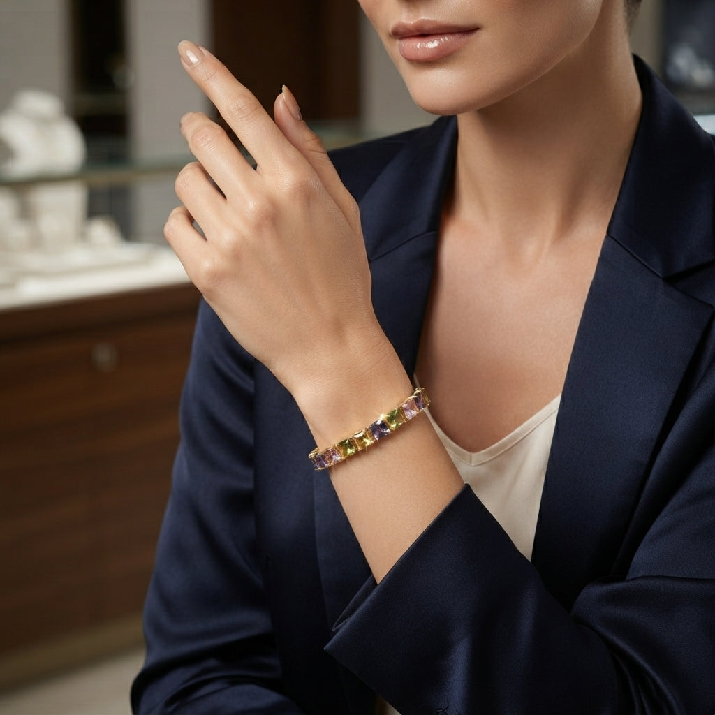 Gold-Tone Princess-Cut CZ Tennis Bracelet multi-color worn by model with navy blazer