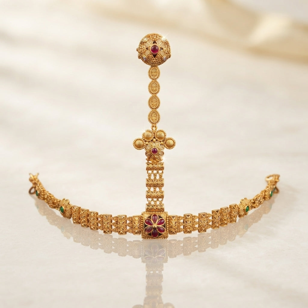 Gold-tone Rajwari-style hand harness with a floral bracelet, linked hand chain, and finger ring.