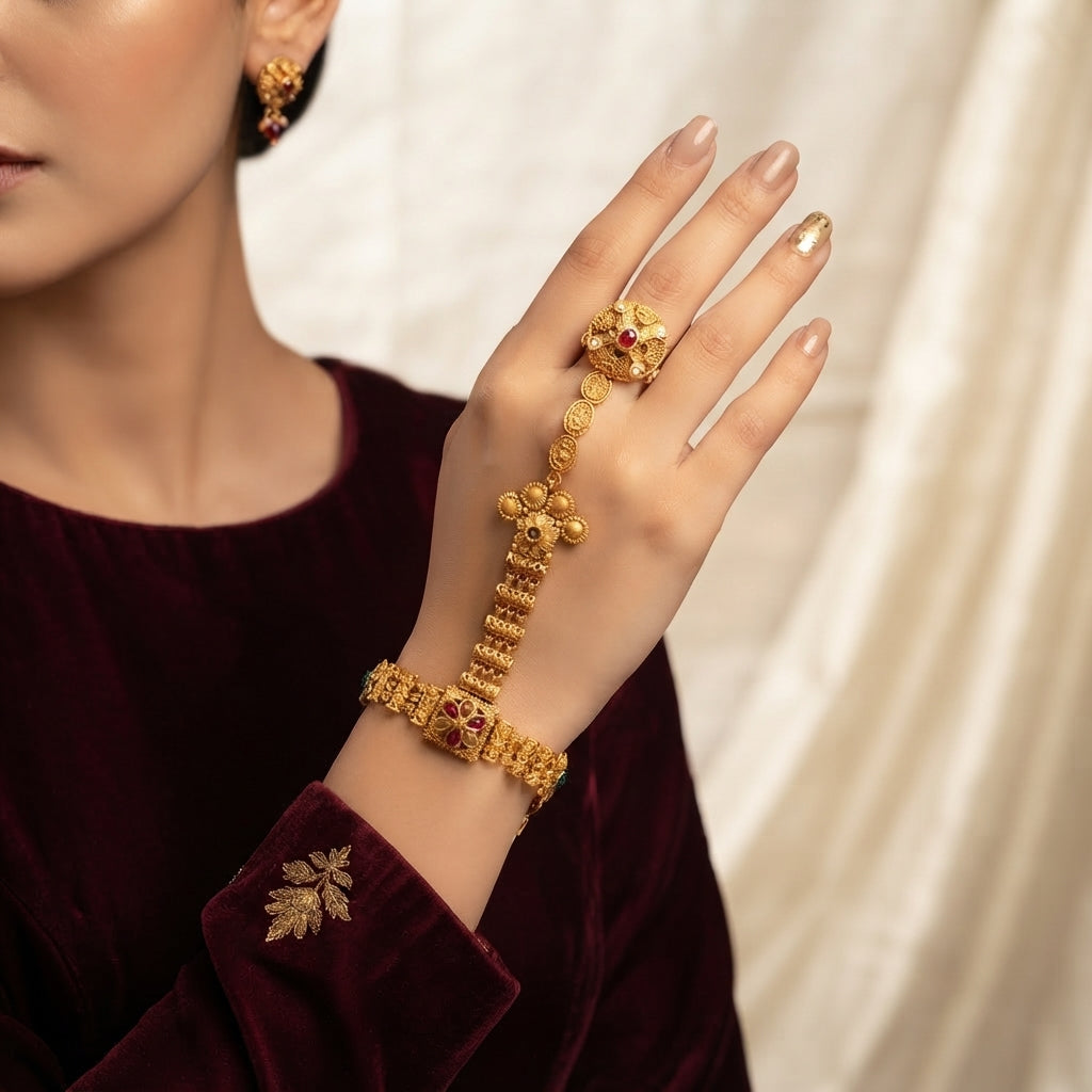 Gold-tone Indian Rajwari floral hathphool hand harness with red and green accents, shown worn on a hand.