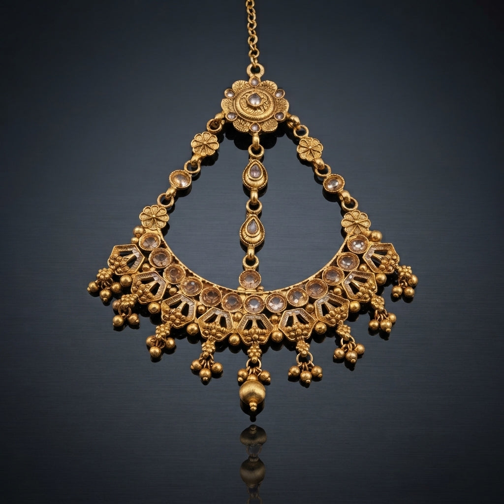 Gold-tone Rajwari kundan crescent jhummar with filigree openwork, floral motifs, and ghungroo bead drops