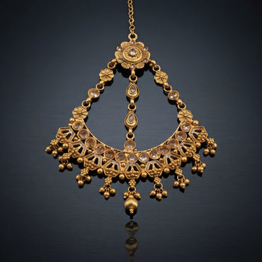 Gold-tone Rajwari kundan crescent jhummar with filigree openwork, floral motifs, and ghungroo bead drops