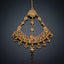 Gold-tone Rajwari kundan crescent jhummar with filigree openwork, floral motifs, and ghungroo bead drops