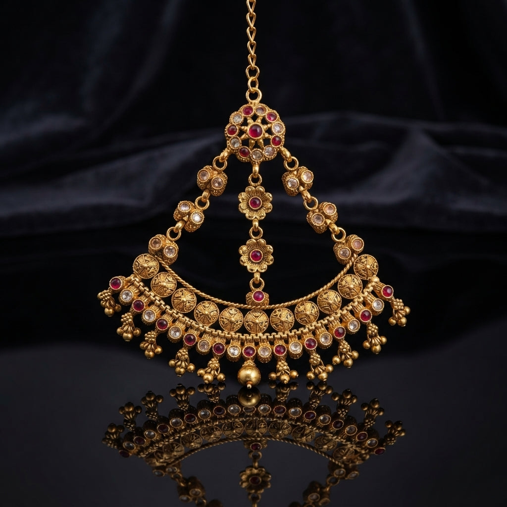 Gold-tone Rajwari jhummar with ruby red and white stone floral accents, coin medallions, and gold bead tassels