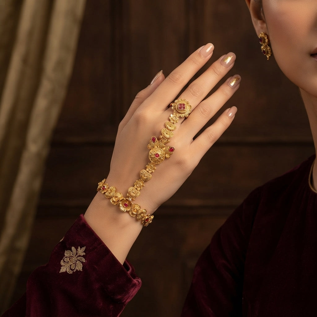 Gold-tone floral hathphool hand harness worn on a hand, showing the linked finger ring and wrist bracelet.