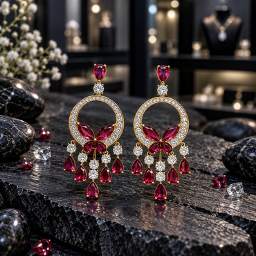 Pair of gold-tone circle chandelier earrings with red butterfly details, clear sparkling accents and graduated red teardrop drops.