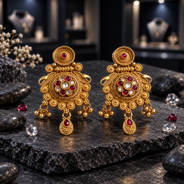 Gold-tone drop earrings with red-centred round tops, red and clear-looking floral medallions, hanging bead clusters and central red-accented teardrop pendants.