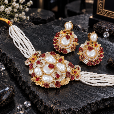Gold-tone choker and matching earrings with white pearl-look bead strands, irregular white accents, red floral clusters, red teardrop details and textured leaves.