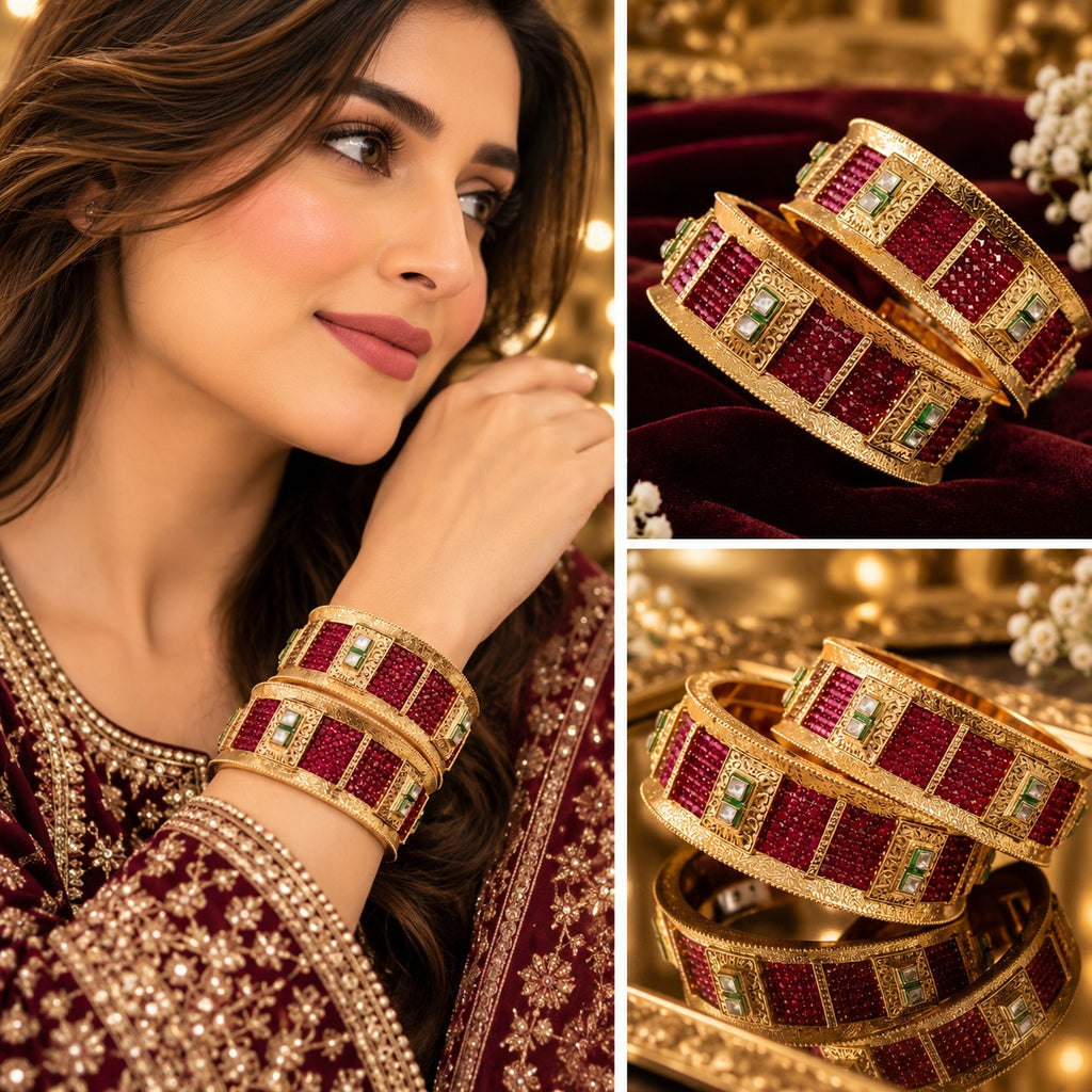 Gold-tone bangle pair with deep red decorative panels, green-edged square clear accents and intricate filigree-style sections.