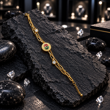 Gold-tone layered-chain bracelet with elongated rectangular links, a textured round red and green medallion and two clear sparkling accents.