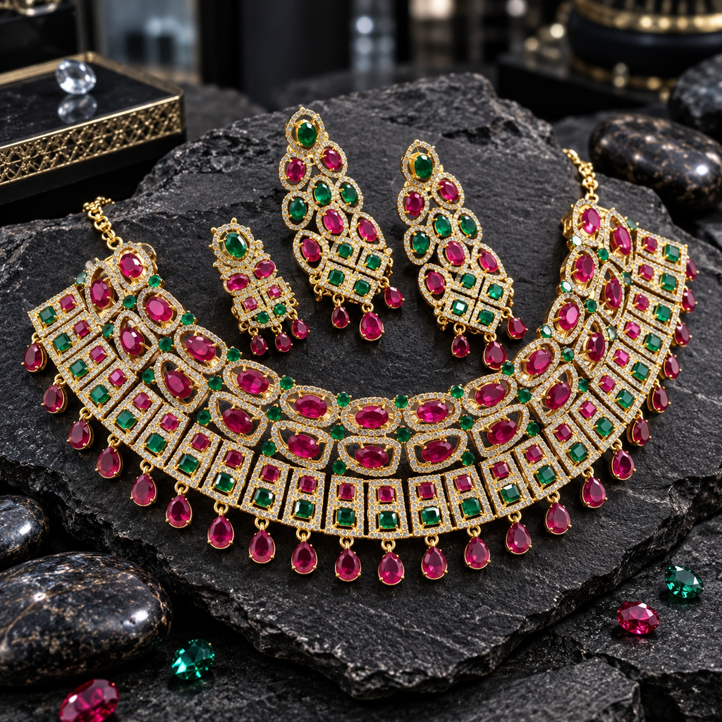 Gold-tone necklace with red oval centres, red-and-green square panels and red teardrop fringe, with matching long earrings and a smaller coordinating piece.