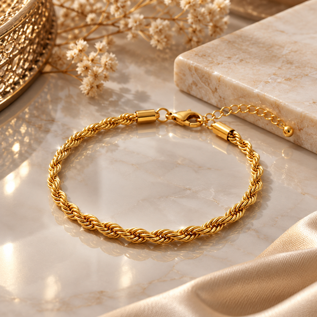 Gold-tone rope-chain bracelet with twisted links, smooth end caps, a lobster clasp, and an extension chain with a round end bead.