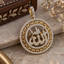 Gold-tone round Allah calligraphy pendant with clear accents, two circular borders, geometric openwork, and an embellished hanging loop.