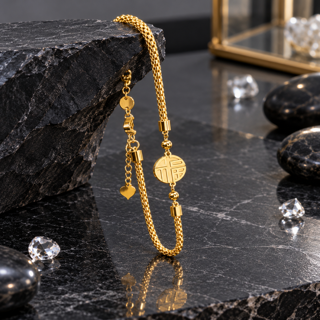 Gold-tone textured chain bracelet with a patterned round medallion, rounded bead details, a lobster-style clasp and an extension chain ending in a heart-shaped charm.