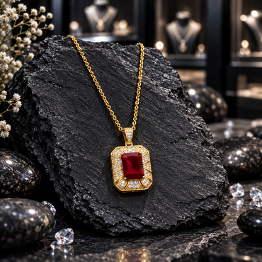 Gold-tone linked-chain necklace with a deep ruby-coloured rectangular centre, rounded segmented clear-accent halo and accented bail.