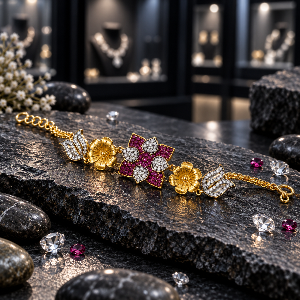 Gold-tone bracelet with a deep-pink layered floral centre, clear teardrop-shaped petals, sculpted flowers and clear-accent tulip links.