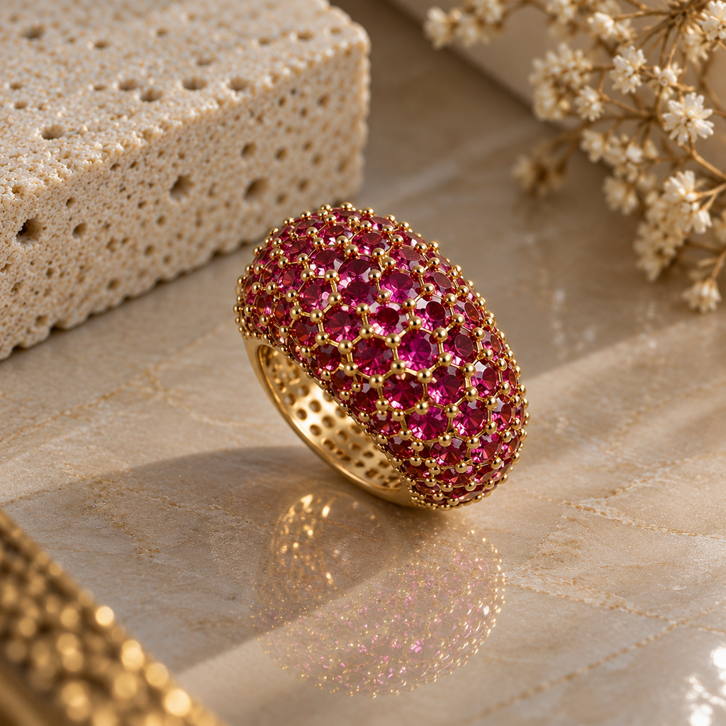 Gold-tone domed cluster ring with round pink-red faceted accents and bead-like setting details.