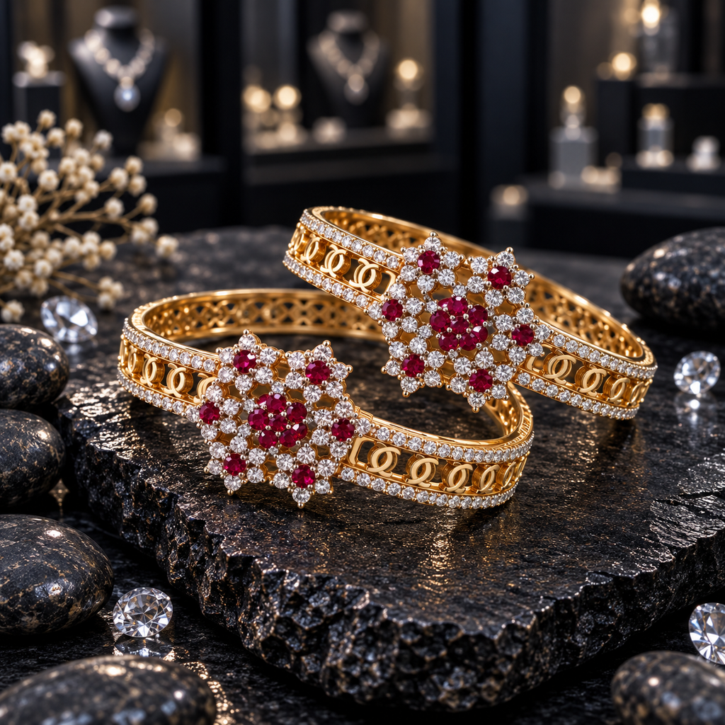 Pair of gold-tone openwork bangles with red floral clusters and clear accent borders, displayed on dark slate.