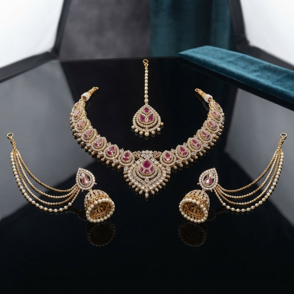 Model wearing a gold-tone pink-accent necklace, matching earrings with draped chains, and a maang tikka.