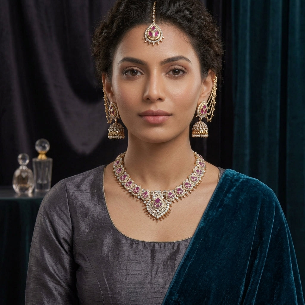 Gold-tone pink-accent necklace set with matching earrings, draped chain details, and maang tikka.