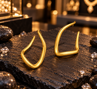 Pair of gold-tone sculptural open-hoop earrings with smooth polished-looking surfaces, curved sides and rounded angular lower outlines.