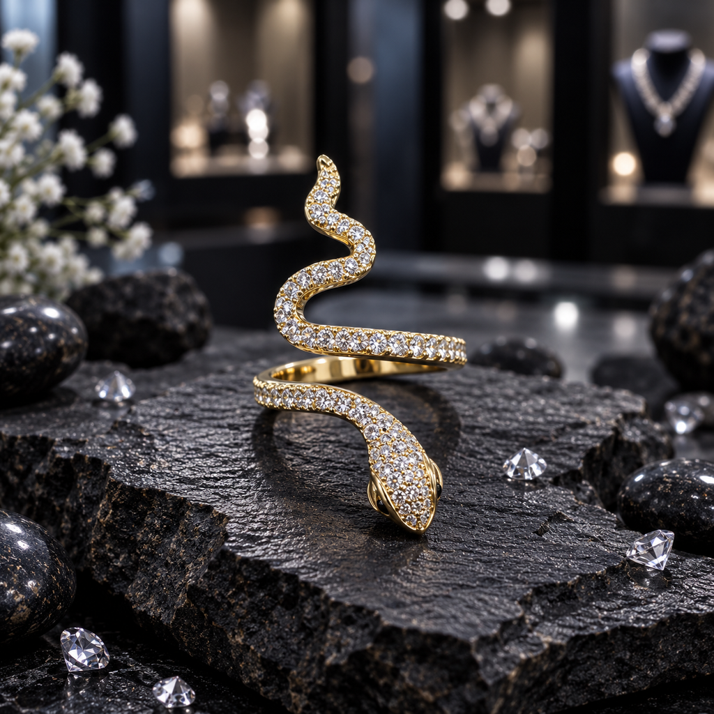 Gold-tone snake wrap ring with clear sparkling accents and a sculpted snake head, displayed on dark textured stone.