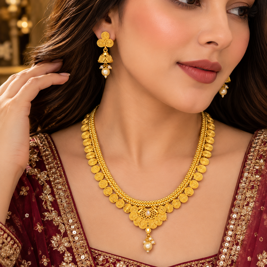 Model wearing a gold-tone spiral disc necklace with a pearl-look centre drop and matching jhumka-style earrings with pearl-look drops.