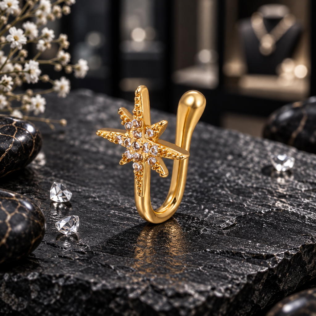 Gold-tone nose pin with a pointed starburst motif, clear accents, raised texture details and an open U-shaped body with a rounded opposite end.