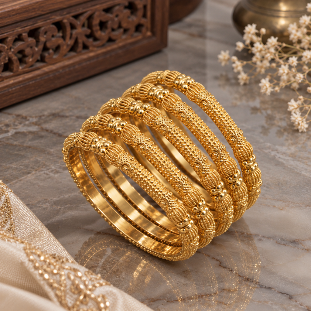Gold-tone bangles arranged on marble, showing dotted textured sections, ribbed rounded details, and decorative scroll patterns.
