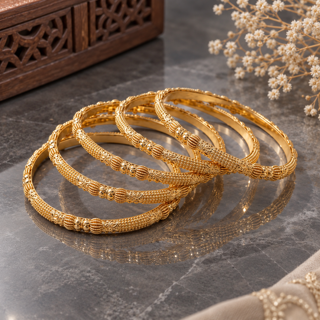 Gold-tone bangles displayed together, featuring dotted texture, ribbed details, scroll patterns, and smooth-looking inner surfaces.