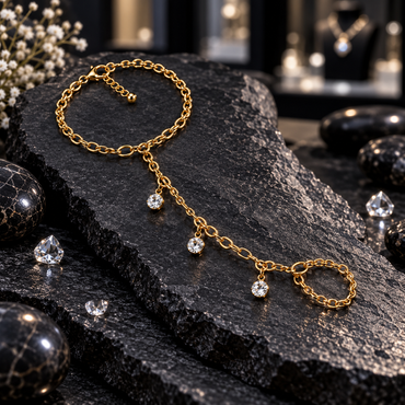 Gold-tone Hand Anja with an oval-link wrist chain, a connected finger loop, three round clear hanging accents and a bead-ended extension chain.