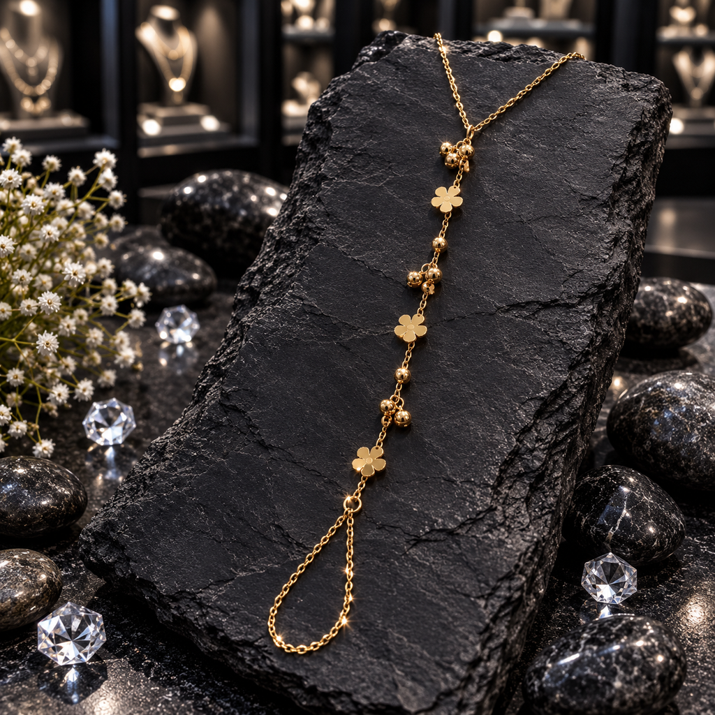 Gold-tone Hand Anja with three five-petal flower motifs, round beads, dangling bead clusters, a chain loop and branching fine chains.