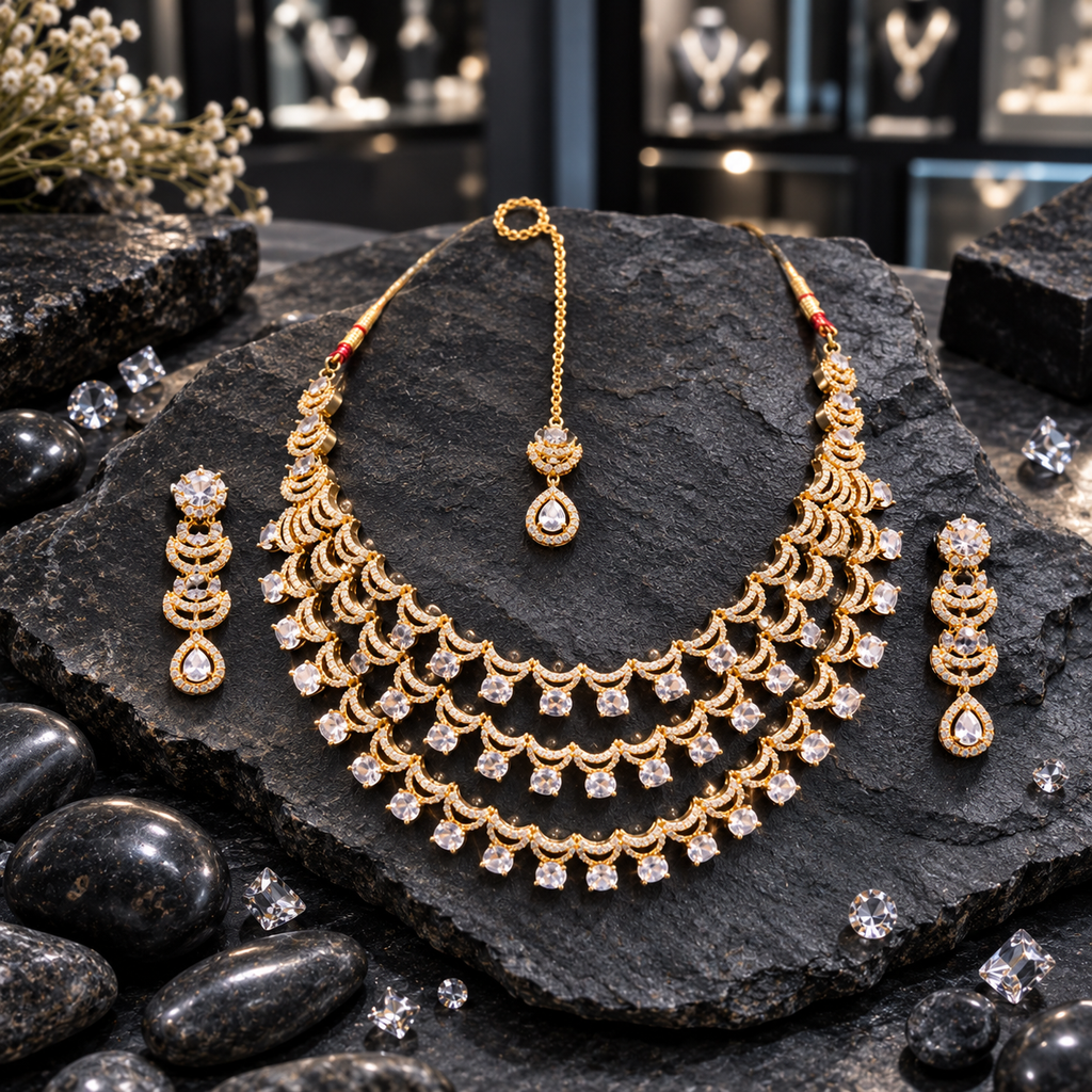 Gold-tone three-tier necklace with linked crescent motifs and clear-looking drops, matching crescent earrings and a teardrop chain bindia.