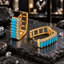 Pair of gold-tone elongated rectangular hoop earrings with turquoise-coloured bars, a row of clear-looking round accents and open-backed crossbar frames.