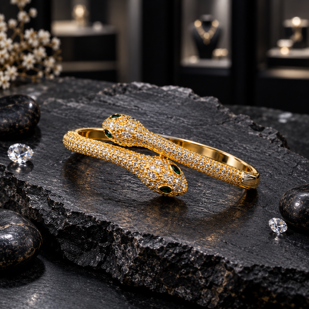 Gold-tone cuff-style bracelet with two overlapping snake heads, closely arranged clear accents, green eye details and a smooth back band on dark slate.