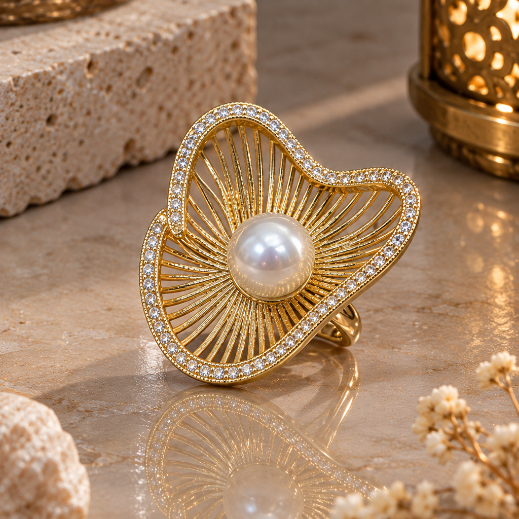 Gold-tone statement ring with a round white pearl-look centre, radiating openwork lines and an irregular wavy border lined with clear accents.