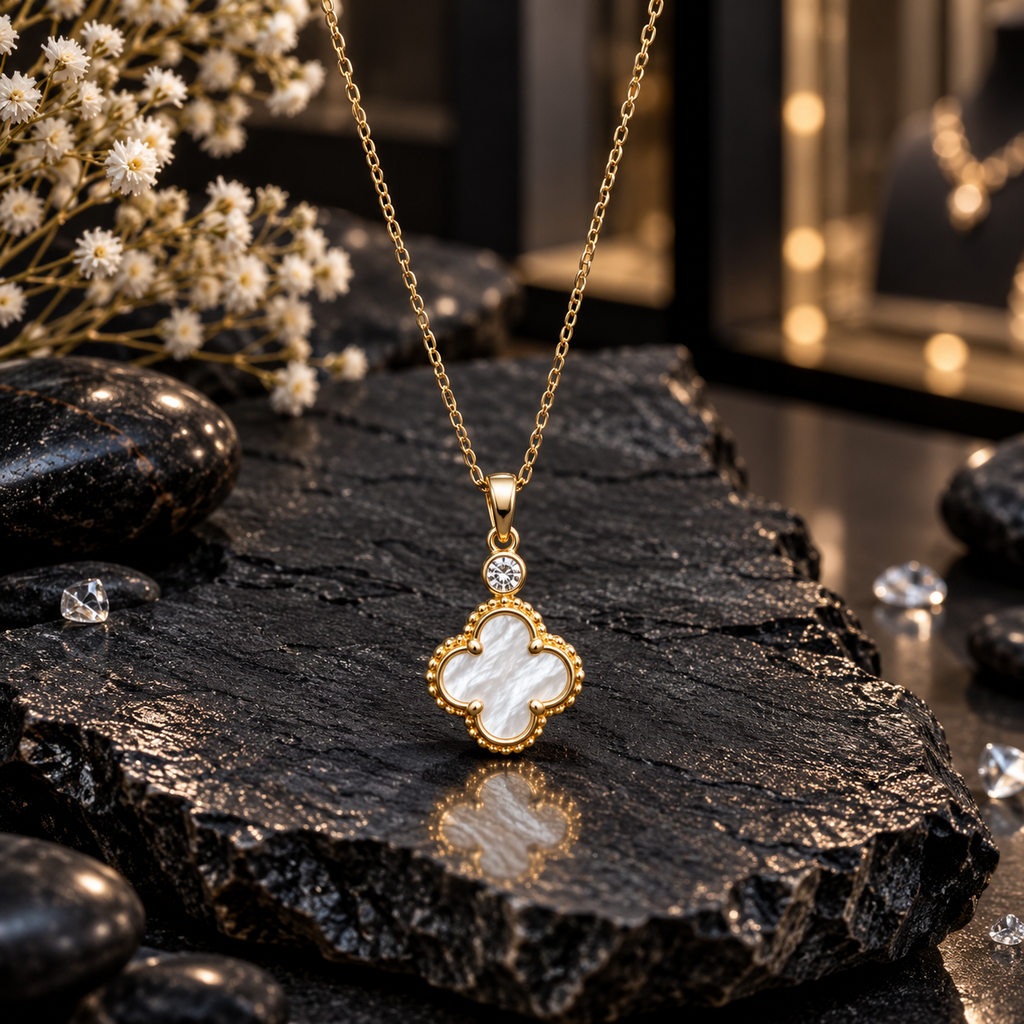 Gold-tone link chain necklace with a white iridescent-look clover pendant, beaded-looking border and round clear accent above the clover.
