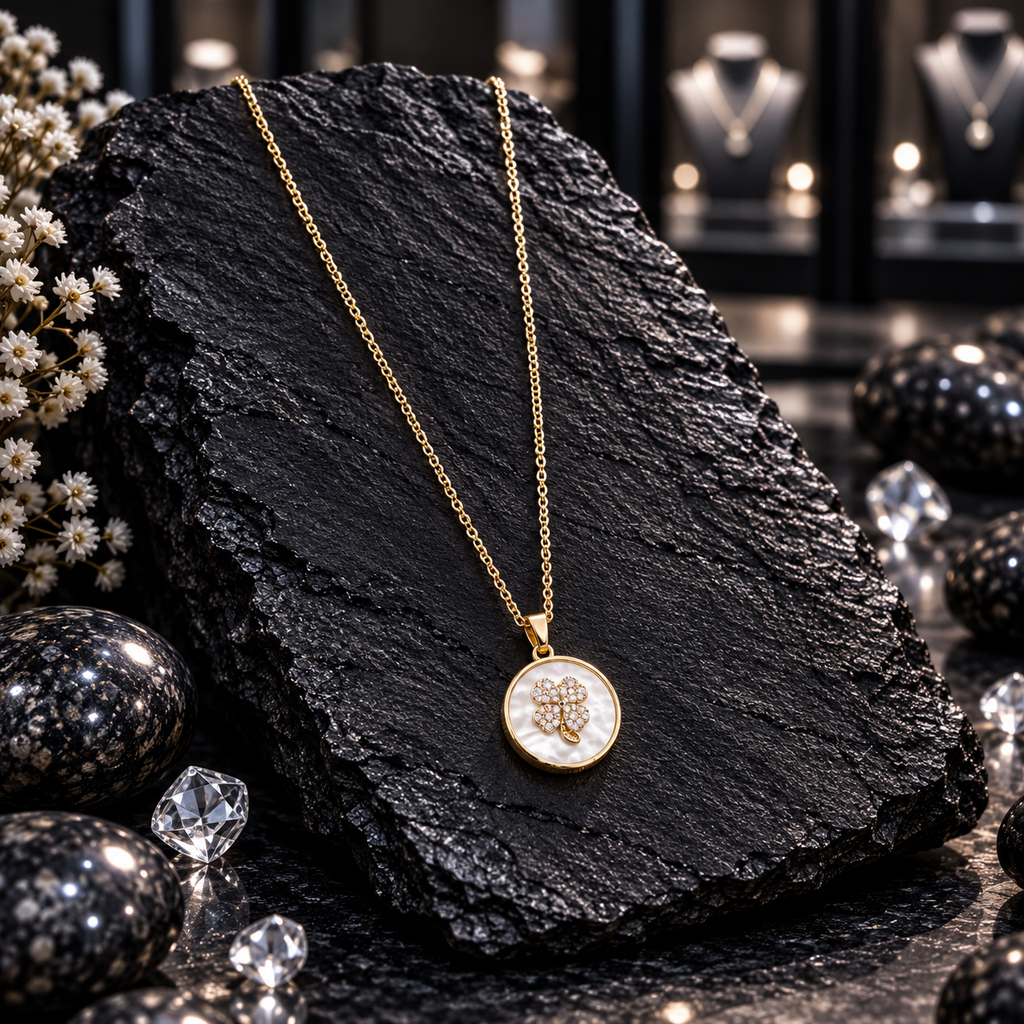 Gold-tone fine chain necklace with a round white iridescent-look disc pendant and raised clear-accent four-leaf clover motif.