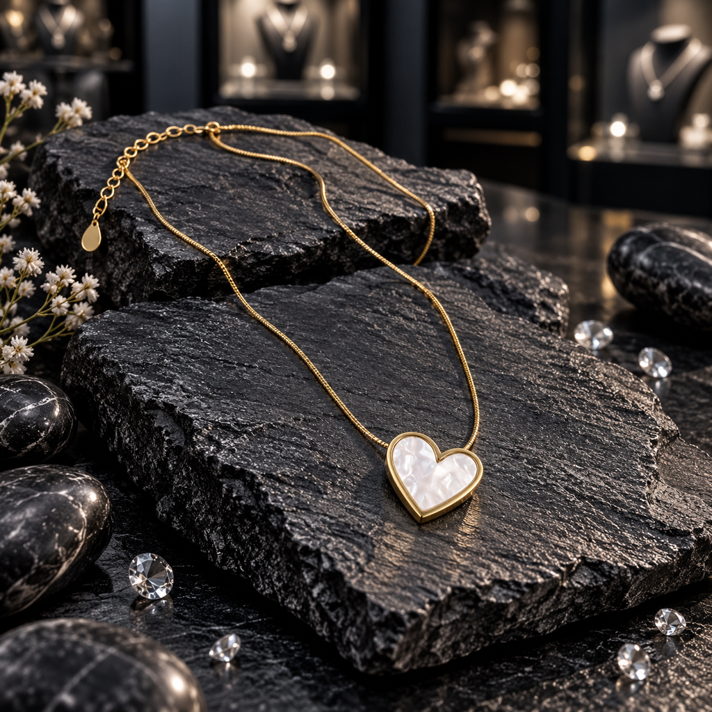 Gold-tone necklace with a white iridescent pearl-look heart pendant, smooth gold-tone border, fine chain and extension chain.