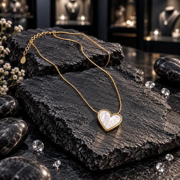 Gold-tone necklace with a white iridescent pearl-look heart pendant, smooth gold-tone border, fine chain and extension chain.