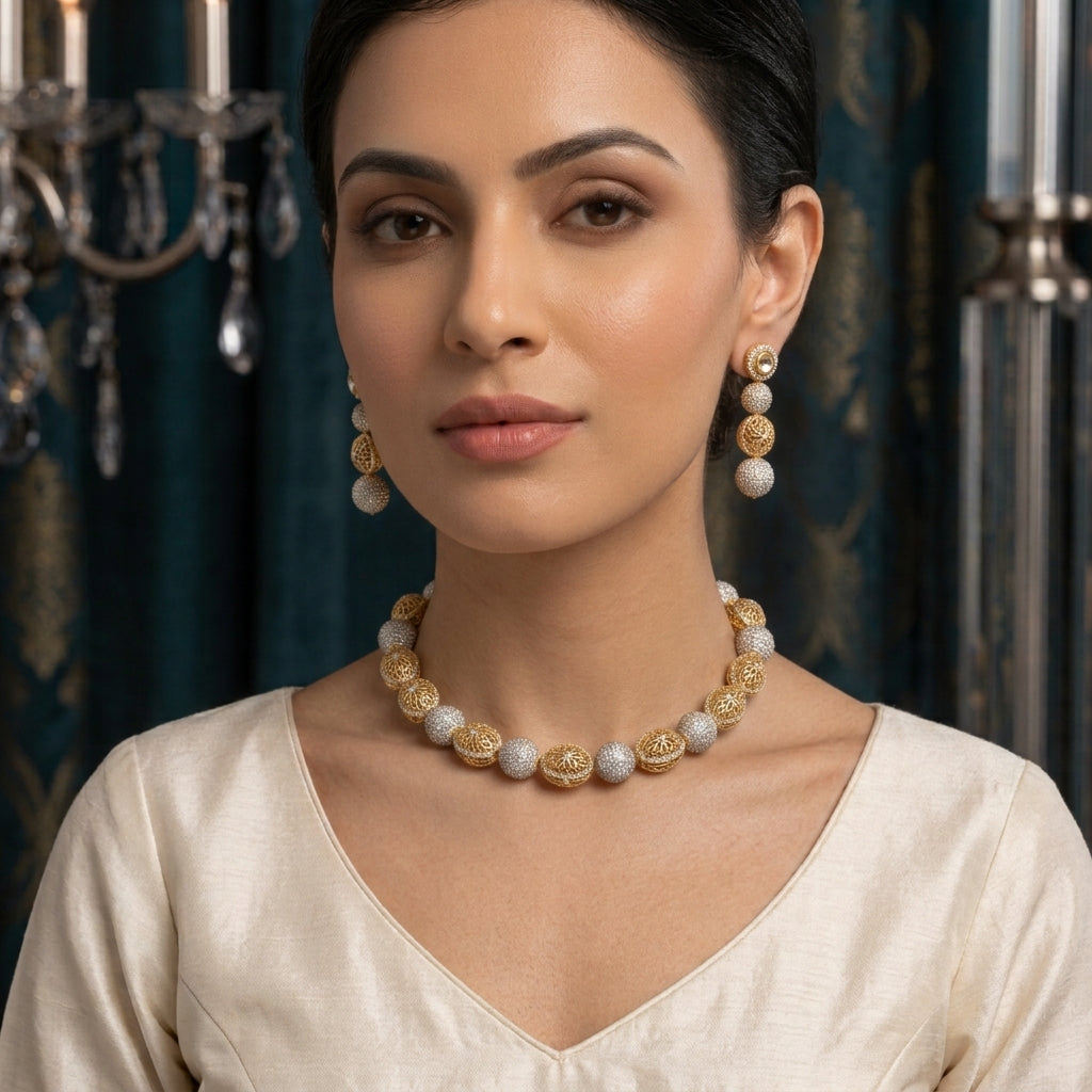 CZ Micro-Pavé Ball Filigree Disc Choker Necklace Earrings Set in Gold Two-Tone — model wearing 22K gold filigree arabesque disc and silver CZ pavé ball alternating choker necklace with matching 4-drop earrings, teal damask backdrop with crystal candelabra